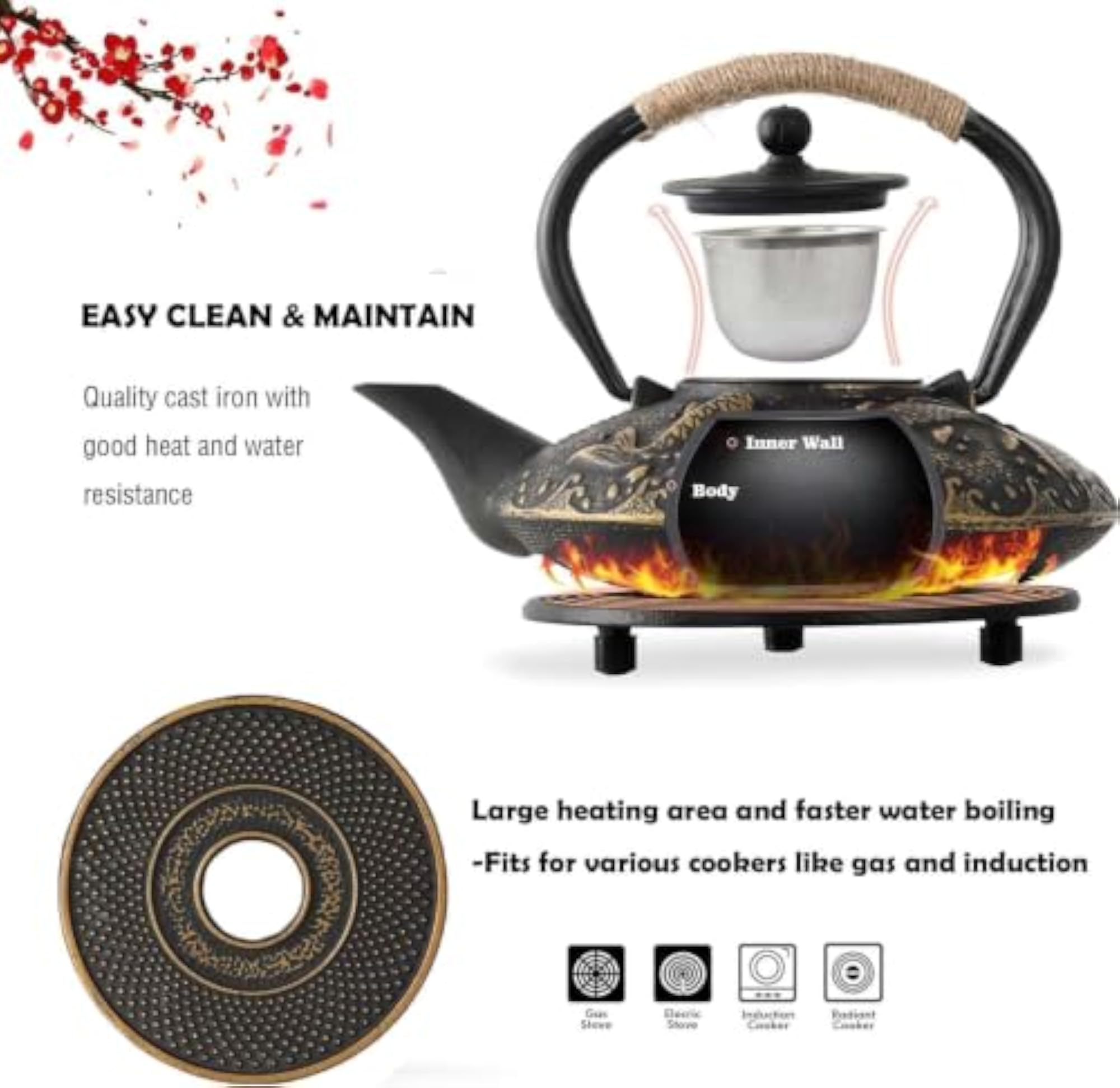 Japanese Cast Iron Tea Kettle Set with Cups