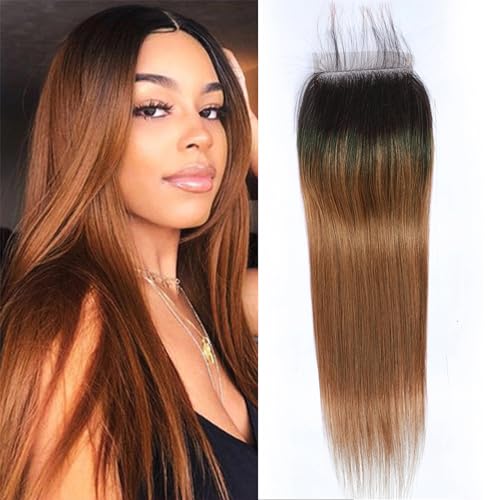 4X4 Lace Closure Pre Plucked 1B/30 Brown Ombre Straight Weave Human Hair Closure With Natural Hairline 16 Inch Free Part Soft Braziian Virgin Hair Pieces