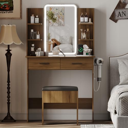 Image of Small Vanity Desk with Mirror and Lights, Makeup Vanity with LED Lights, Walnut Vanity Mirror with Lighted Desk and Chair, 3 Lighting Adjustable Compact Dressing Table with Mirror for Women, Girls