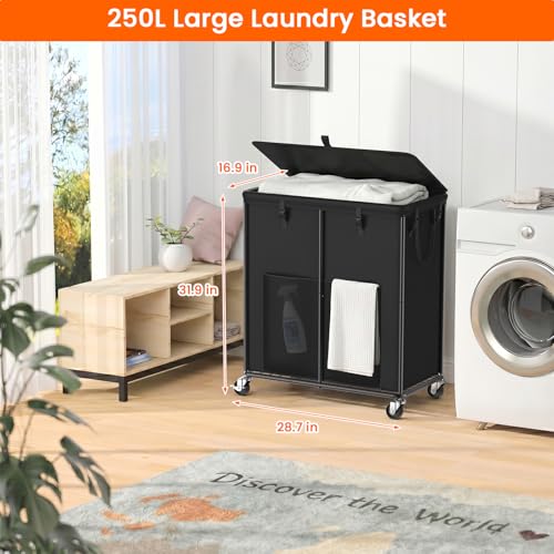 Image of 250L Laundry Hamper with Lid, Rolling Laundry Basket with Wheels and Bag | Sturdy Metal Frame / Removable Bag with Handles / Large & Tall / Suitable for Bedroom, Laundry Room, Bathroom, Dorm