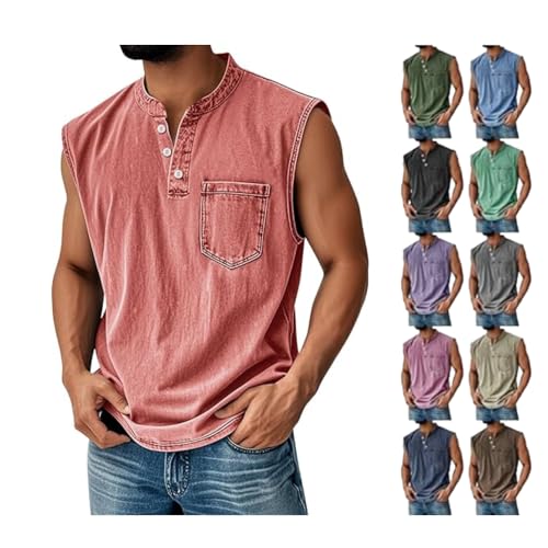 Henley Shirts for Men Classic with Pocket Mokaloha Mens Sleeveless Shirts Summer Athletic Vintage Distressed Washed Henley Tank Tops Fitness Pink