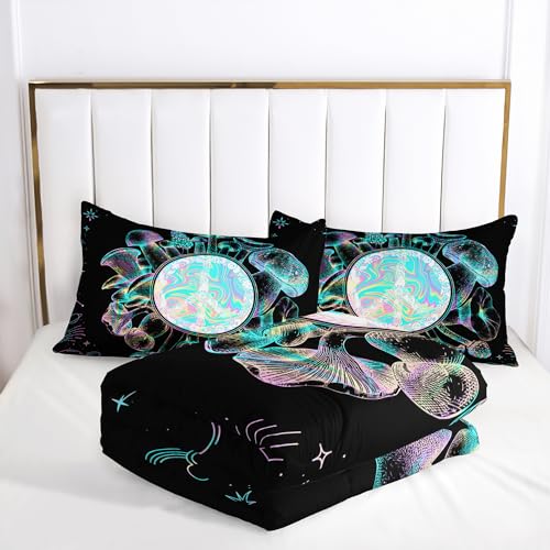 Image of AILONEN Mushroom Comforter Set - Queen Size, 3D Neon Bedding Set, Sun and Moon Comforter Sets, Cartoon Mushroom Duvet Set - 3 Pieces, 1 Quilt and 2 Pillowcases
