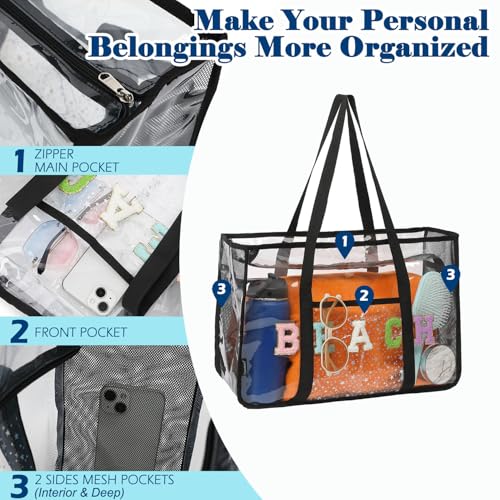 Image of Fammart Clear Beach Bag for Women, Large Pool Tote Cruise Vacation Essentials - Zipper Closure, Waterproof, Sandproof