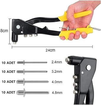 Perçin Tabancası 4 Uçlu Profesyonel Set – 2.4/3.2/4.0/4.8 mm Başlık + 40 Adet Alüminyum Perçin + Anahtar | Metal, Plastik ve Deri Delme & Sabitleme Aracı