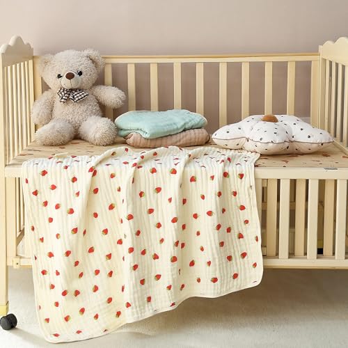 Image of Ultra Soft 6-Layer Muslin 100% Cotton Baby Blanket 41 inchx41 inch Breathable Lightweight Strawberry Swaddle Blankets for Baby Toddlers Birthday Gifts All Seasons