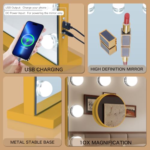 Image of Vanity Mirror with Lights Lighted Makeup Mirror with Dimmable LED Bulbs,3 Color Lighting Modes,USB Charging Port Touch Control,Sturdy Metal Frame Design (Gold, 22.8 * 18.9inch)