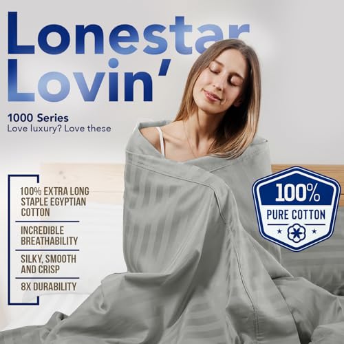 Image of TEXAS LINEN CO. 100% Egyptian Cotton Sheets Queen Size - Luxury 1000 Series Lonestar Lovin' Damask Bed Sheets Queen Size Set (4 PC, Silver Stripe), Cooling, 16 inch Deep Pocket, Sateen Weave Hotel Sheets