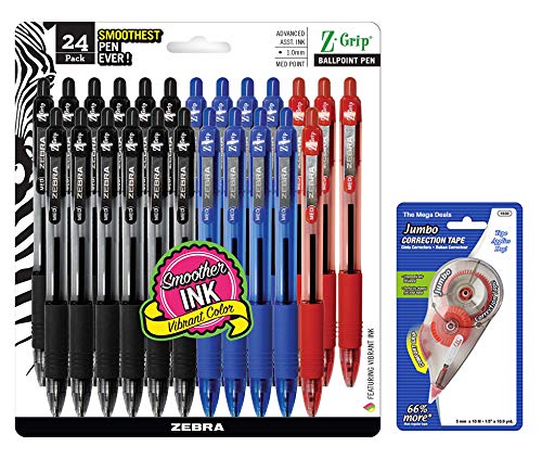 Zebra Pen Z-Grip Retractable Ballpoint Pen, Medium Point, 1.0mm, Assorted Business Colors, 24 Pack (Packaging may vary) | Jumbo Correction Tape
