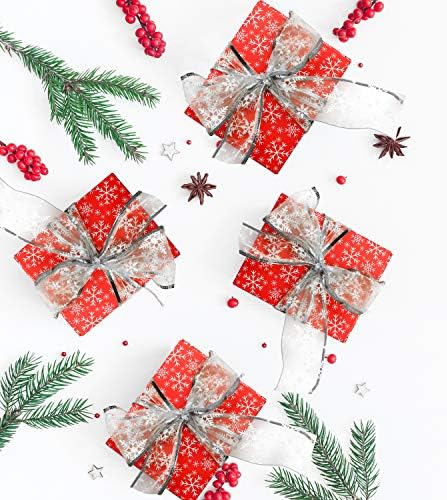 BELLE VOUS Silver Organza Christmas Ribbon - 10M x 63mm Wide Wired Glittery Snowflake Christmas Tree Ribbon for Xmas Tree Decorations - Silver Organza Ribbon for Gift Wrapping Crafts Party Decoration
