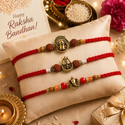 Image of Premium Set of 3 Rakhi for Brother with Greeting Card | Raksha Bandhan Trishul Design Rakhee Thread | Shivling & Ganesha Rakhi Gift Set for Brother, Bhaiya & Bhabhi | Traditional Designer Rakhi Combo