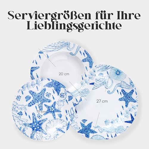 Baroni Home 18-teiliges Tafelservice aus Porzellan und Steingut, Tellerservice für 6 Personen, bunte Tische, Teller-Set mit Suppenteller, flachen Teller, Obst- oder Desserteller, Seestern
