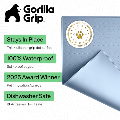 Image of GORILLA GRIP 100% Waterproof Raised Edge BPA Free Silicone Pet Feeding Mat, Dog Cat Food Mats Contain Spills Protects Floors, Placemats for Cats and Dogs Water Bowl, Pets Accessories 16x10, Blue