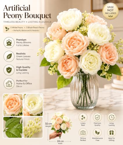 Image of Divyakosh Artificial Flowers for Vase (10 Peony Flowers), Artificial Flowers Bunch (Vase Not Included), Luxury Floral Centerpiece for Living Room Dining Table Office Decor