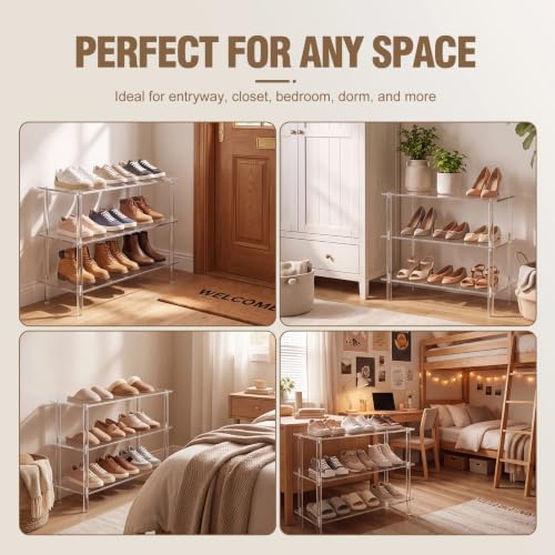 Image of 3-Tier Acrylic Shoe Shelf, Clear Acrylic Organizer, 25.6 inch L X 11.8 inch W X 20.3 inch H, Each Tier Holds up to 4 Pairs of Heels, Sneakers, Flats, Ideal for Closet, Entryway, Bedroom, Easy Assembly