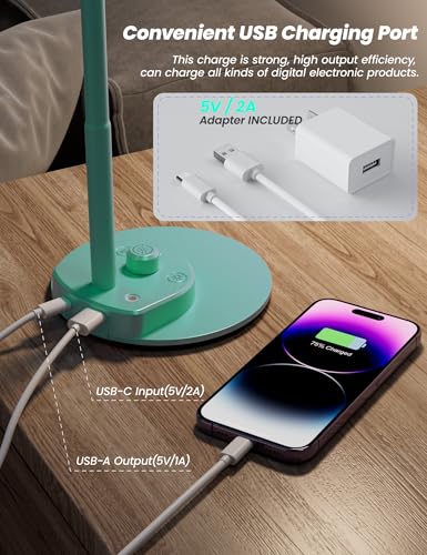 Image of BOHON LED Desk Lamp with USB Charging Port, 3 Color Modes Dimmable, Teal | Reading Lamp, Auto Dimming Task Lamp, Flexible Neck Table Light for Office Dorm Bedside, Adapter Include