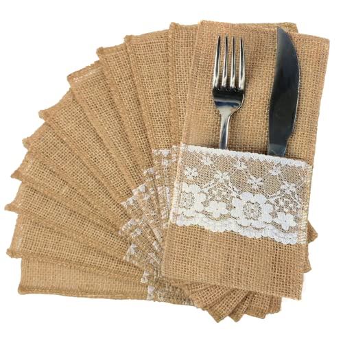 FQTANJU 50 PCS 4"x8" Burlap Lace Utensil Cutlery Holders Pouch