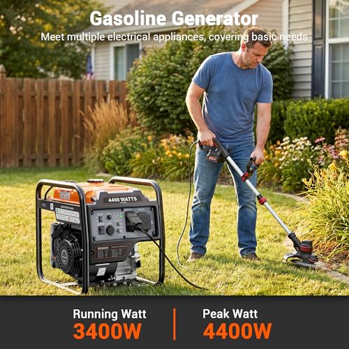 Image of 4400 Watt Gas Powered Generator for Home Use, Open Frame Inverter Portable Generator, 3400 Running Watts, RV Ready 30A Outlet, Runs Refrigerator, Freezer & Essential Home Appliances, EPA Compliant