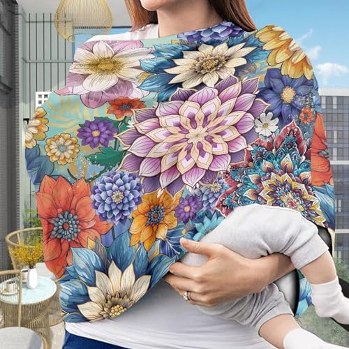 Image of Mandala Flower Car Seat Covers Multi-Purpose Decorative Pram Dust Protector Breastfeeding Scarf Durable Stroller Canopy Covers Washable Breastfeeding Shawl
