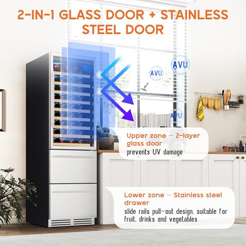 Image of Albott 24 Inch Wine and Beverage Refrigerator, 2 In 1 Dual Zone 49 Bottle Wine Cooler 37-72℉ with Soft LED Light, Hold 108 Bottles and 150 Cans, Built-in or Freestanding Design for Home and Bar