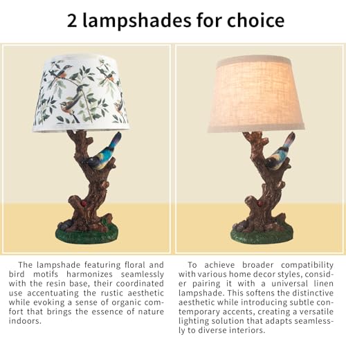 FIRVRE Tischlampe Landhausstil E27 mit Schalter, Vintage Nachttischlampe mit Kabel, Schreibtischlampe Aesthetic Lampenschirm mit Blumen- und Vogelmotiv und Ersatzschirm aus Leinen – Bild 3