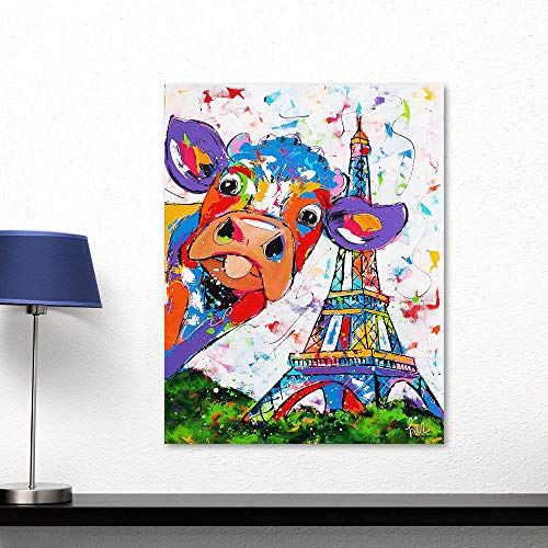 Art mural vache et Tour Eiffel en toile 60x90 pour grand salon chic