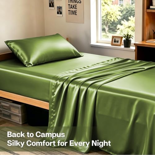 Image of MR&HM Satin Bed Sheets, Twin Size Sheets Set, 3 Pcs Silky Bedding Set with 15 Inches Deep Pocket for Mattress(Twin, Sage)