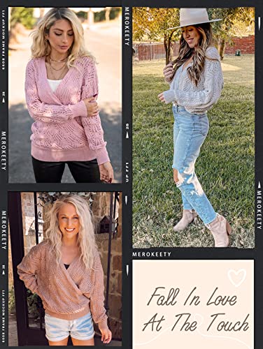 Merokeety Womens Knit Deep V-Neck Long Sleeve Wrap Front Loose Pullover Sweater White Medium #TOP4
