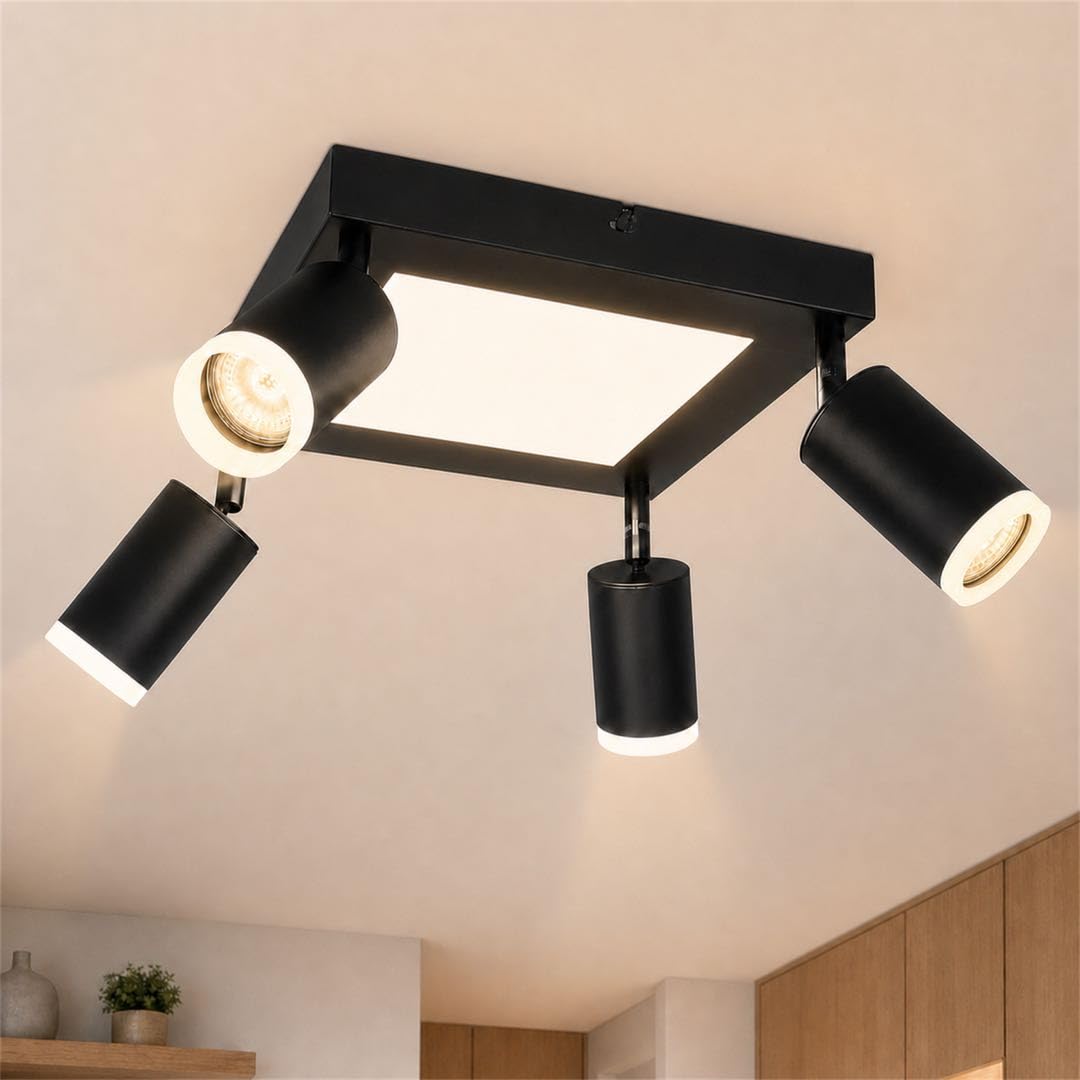 cupgow LED Deckenstrahler 4 Flammig Schwarz Deckenleuchte Eckig 20W | Warmweiß 3000k Wohnzimmer Schwenkbar GU10 Strahler Deckenlampe Modern Eckig Lampe für Schlafzimmer Küche Flur 4*Max.25W