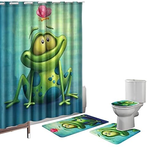 Amagical 4 Pieces Cute Frog and Lotus Flower Shower Curtain Set Bathroom Mats Set, Non-Slip Rug Carpet Toilet Cover Shower Curtain Cover