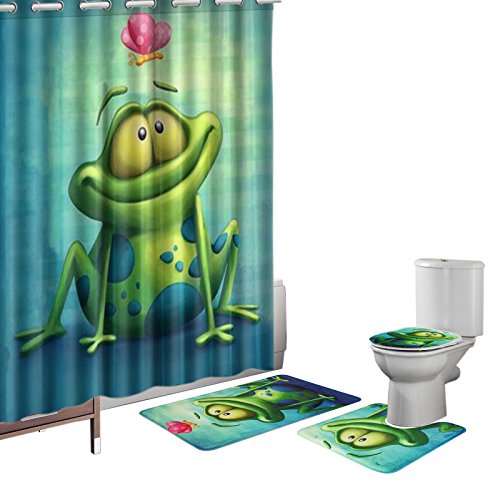 Amagical 16 Pieces Shower Curtain Set Bathroom Mats Set Non-Slip Rug Carpet Toilet Cover Shower Curtain Cute Frog And Lotus Flower #TOP6