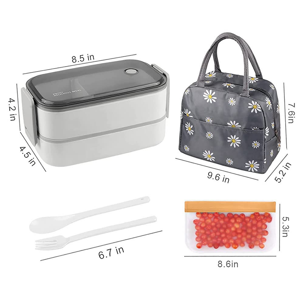Bento Box pudełko na lunch, 2-warstwowe, szczelne, pojemniki na lunch bez BPA, z torbą na przekąski, pudełka Bento dla dorosłych / dzieci, z przyborami (białe)