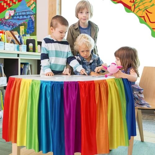 Image of Oudain 14 ft Rainbow Table Skirt Cloths for Teacher Desk Boho Colorful Wrinkle Rainbow Table Cover Skirt for Kindergarten Classroom Kidney Shaped Desk Back to School Supplies