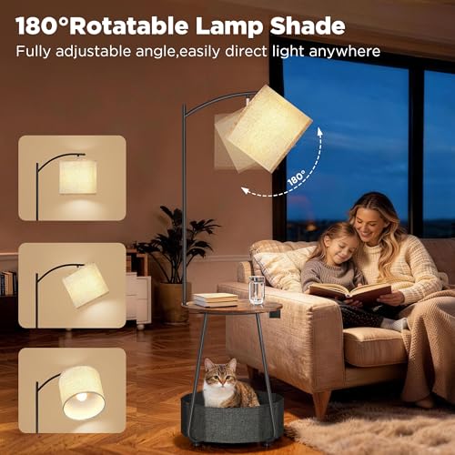 Image of LUTEC Floor Lamp with Table, End Table with Charging Station(USB & Type-C & AC Port), Round SideTable with Fabric Basket, 3 Color Temperatures 9W LED Bulb, Modern Nightstand for Bedroom, Living Room
