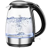 2200 Watt Wasserkocher für schnelles Kochen mit Blaulichtbeleuchtung: Mit 2200 Watt kann der elektrische Glaswasserkocher bis zu 1,7 L Wasser unglaublich schnell kochen, so dass Sie Tee, Kaffee, heiße Schokolade, Haferflocken, Suppen und mehr in Minuten genießen können; die internen LED Lichter des Water Kettles leuchten, wenn das heiße Wasser vorbereitet wird und es schaltet sich automatisch aus, wenn es kocht.