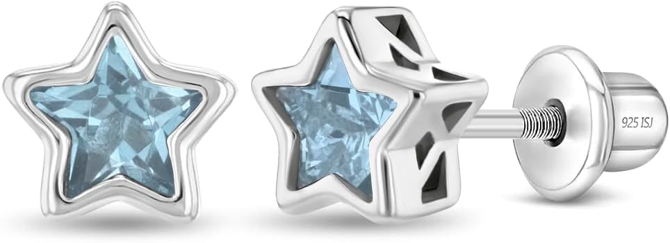 In Season Jewelry CZ Star Birthstone Bezel Kids Earrings - 925 Sterling Silver Hypoallergenic Earrings for Girls with Secure Screw Backs - Safe & Comfortable for Toddlers, Kids & Little Girls