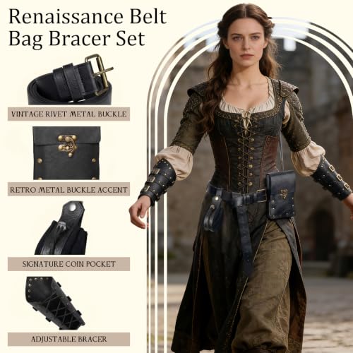 Image of Renaissance Belt Pouch Medieval Viking Leather Bracers Set for LARP