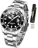 OLEVS Black Watches for Men Classic with Date Business Dress Luxury Large Face Green/Silver/Blue Waterproof Luminous Mens Watches Analog Two Tone Watch Stainless Steel Relojes para Hombres