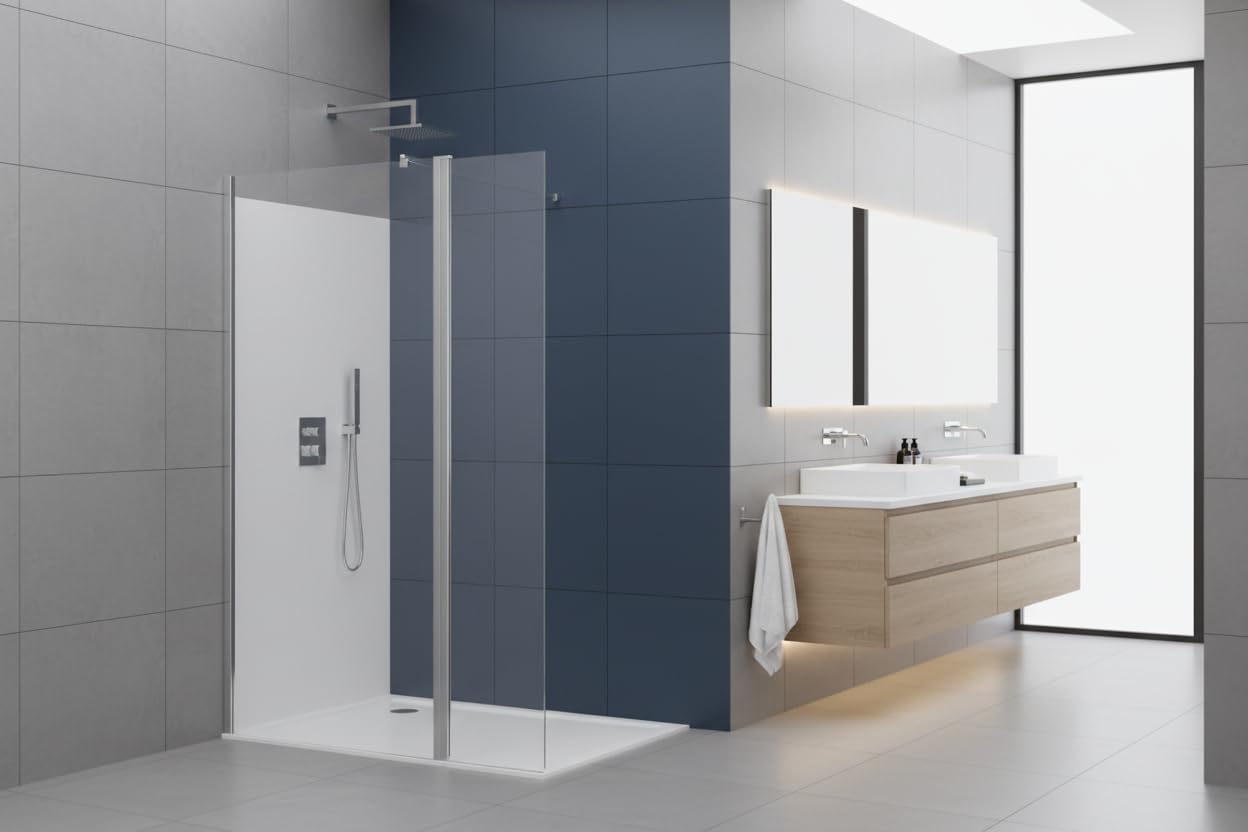 Walk in Shower Enclosure 8mm Tempered Safety Glass Wetroom Shower Screen Panel (800mm Screen with 300mm Return)