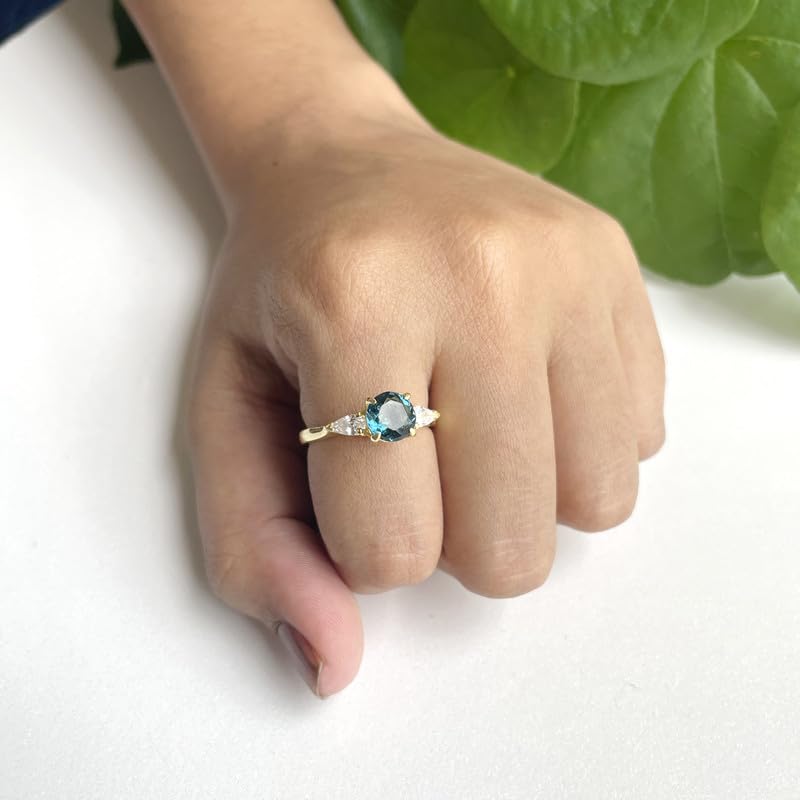 Miniatura 3 de Round & Pear Cut London Blue Topaz And White Diamond 3 Stone Engagement Ring, 14k Yellow Gold Finish Ladies Bridal Three Stone Propose Ring, Topaz &