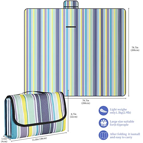 Picnic Blanket Waterproof Beach Rug 200×200cm Picnic Mat Washable Lightweight With Handle Blue Vertical Stripes Suitable for Hiking Travel Outdoor Camping, Park
