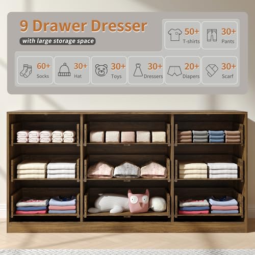 Image of Fluted Wood Dresser for Bedroom,63 inch Wide 9 Drawer Dresser Mid Century Chest of Drawers Wooden with Gold Handles,Dressers TV Stand Storage Organizer for Closet,Bedroom,Living Room, Walnut