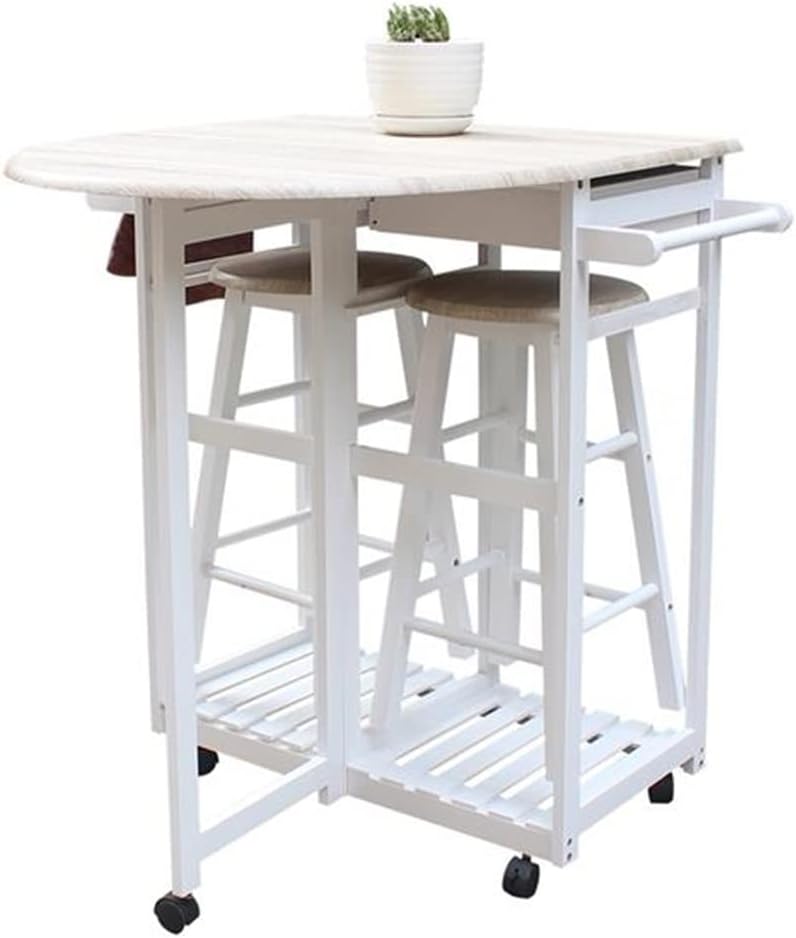 Dining Room Kitchen Foldable Wooden Handle Semicircle Cart with Round Stool White