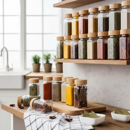 Image of WHISKET - 100 Ml Multipurpose Spice Jars Set With Bamboo Lids | Square Spice Jars Set| Moisture-Resistant Masala, Herbs & Seasonings Storage Containers. (PACK OF 24)
