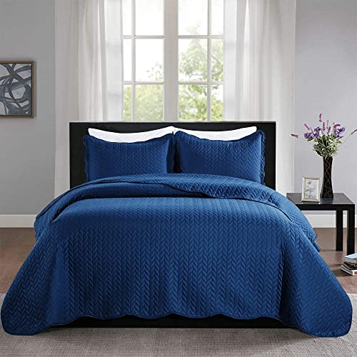 Moonlight20015 Summer Quilt Set King 106" X 96" With 1 Quilt & 2 Pillow Shams Lightweight Reversible Coverlet Embossed Quilted Bedspread With Matt Finish (Navy) #TOP2