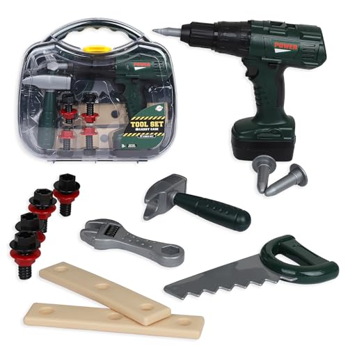 Playkidiz Kids Tool Set Construction Toys for Boys – 17-Piece Toddler Tool Set with Battery Powered Electric Toy Drill – Kids Tool Box with Toy Hammer and More - Toddler STEM Toys – Safe Kids Tool Kit