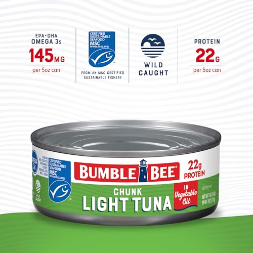 Image of Bumble Bee Chunk Light Tuna In Oil, 5 oz Cans (Pack of 48) - Wild Caught Skipjack Tuna - 22g Protein Per Serving - MSC Certified Sustainable Seafood, Non-GMO, Gluten Free, Kosher