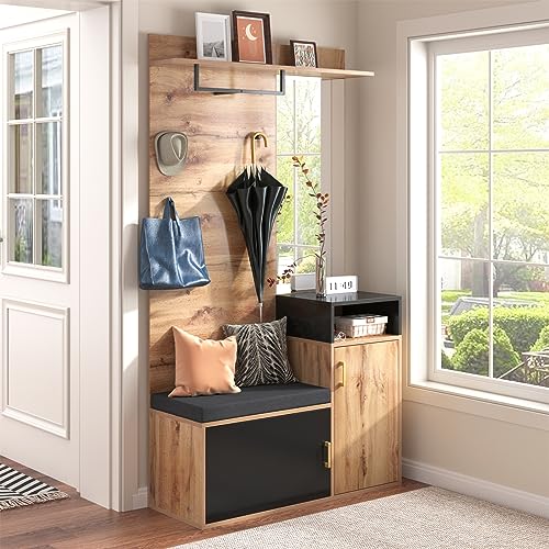 Sweiko Lot de 4 porte-manteaux avec 4 patères, miroir, armoire à chaussures, porte-manteau mural, étagère supérieure, couloir banc