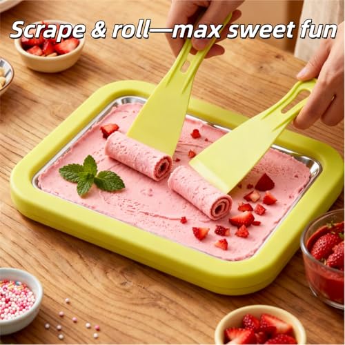 Rolled Ice Cream Maker Kit - 2026 New Stainless Steel Instant Freeze Plate with 2 Scrapers & Tray, Easy DIY Homemade Ice Cream Rolls, At-Home Family Fun Dessert (Green) - Thumbnail 6