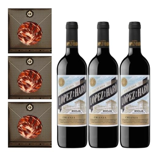 Pack Vino Rioja - Jamón de Bellota 100% Ibérico Maldonado Cortado a Mano 100g + Vino Tinto López de Haro Crianza - 3 Sobres + 3 Botella 75cl