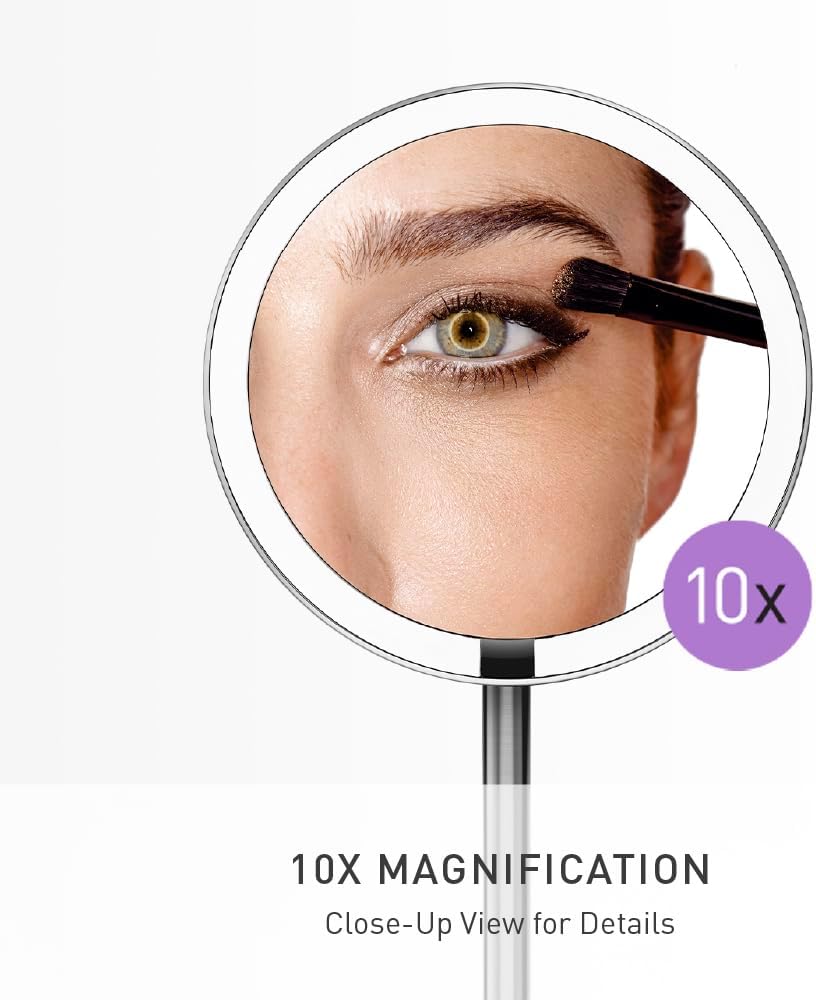 simplehuman Sensor Mirror Fold, 5'' with 10X Magnification, Round Rechargeable Travel Makeup Mirror, Tru-Lux Full-Spectrum Light, Adjustable Brightness & Height, Brushed Stainless Steel